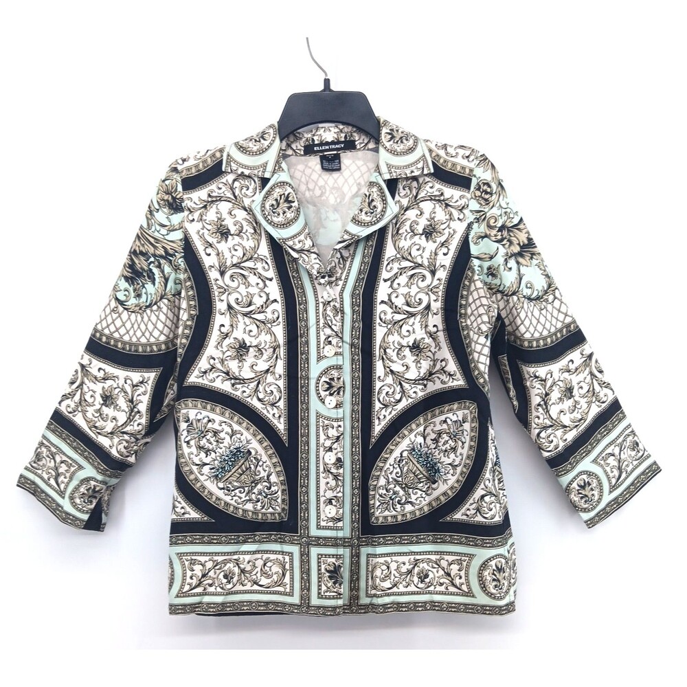 Ellen Tracy Button Up Top Women Size 4P Collared 3/4 Sleeve Button Up 100% Silk